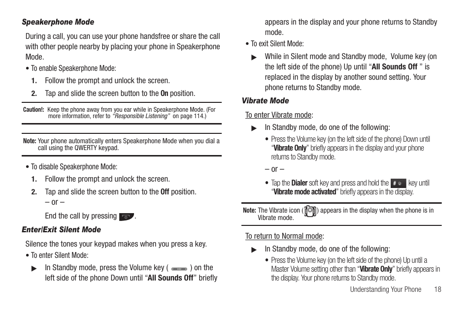 Speakerphone mode, Enter/exit silent mode, Vibrate mode | Samsung SCH-R630LBAUSC User Manual | Page 21 / 139