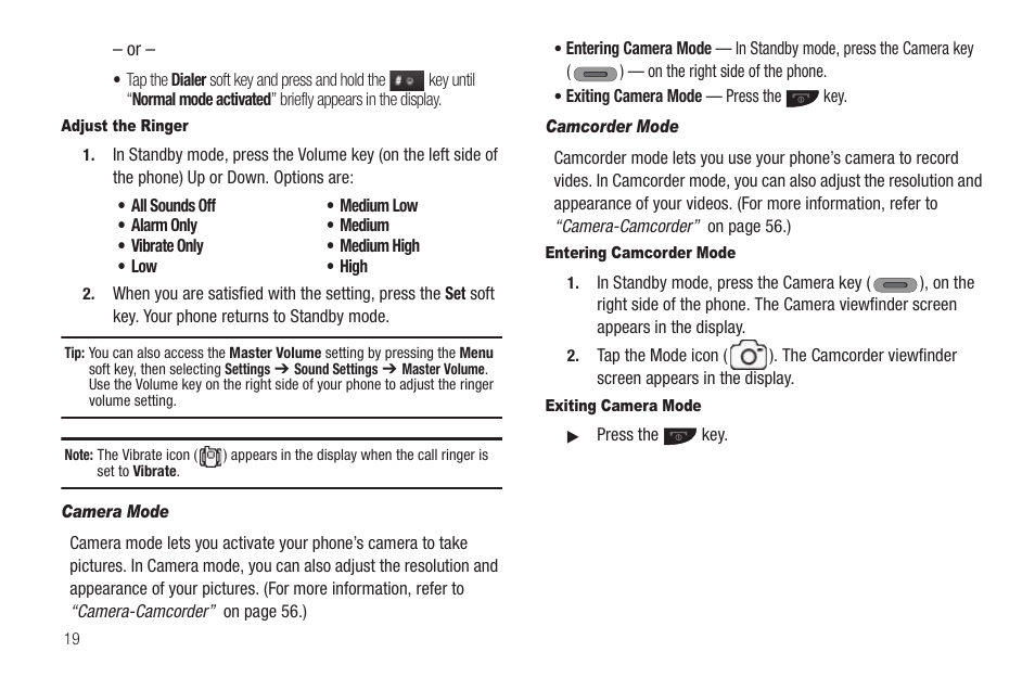 Adjust the ringer, Camera mode, Camcorder mode | Entering camcorder mode, Exiting camera mode | Samsung SCH-R630LBAUSC User Manual | Page 22 / 139
