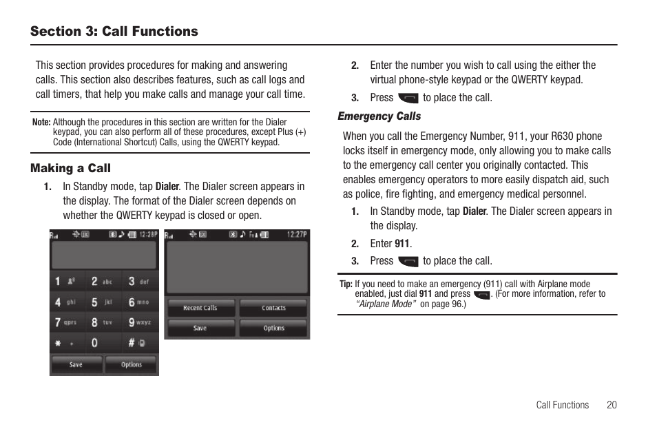 Section 3: call functions, Making a call, Emergency calls | Or dial your own mobile number and, For more information, refer to “making a call, For more information, refer to “making a, Ge 20.) | Samsung SCH-R630LBAUSC User Manual | Page 23 / 139