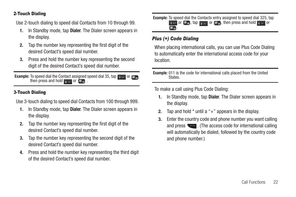 Touch dialing, Plus (+) code dialing | Samsung SCH-R630LBAUSC User Manual | Page 25 / 139