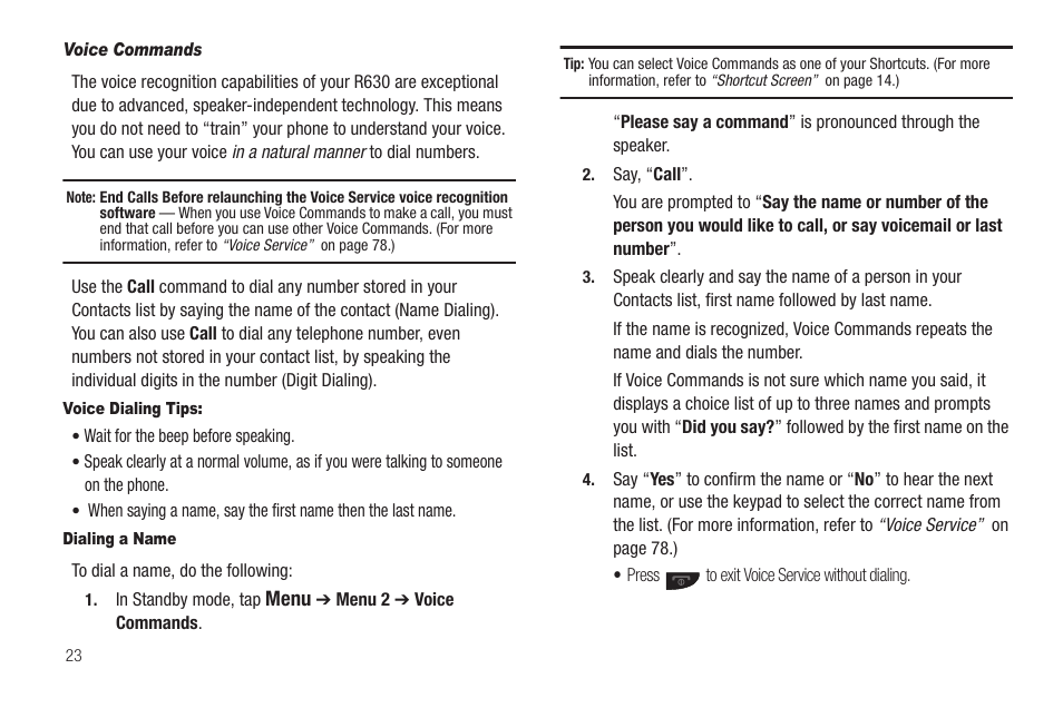Voice commands, Voice dialing tips, Dialing a name | Samsung SCH-R630LBAUSC User Manual | Page 26 / 139