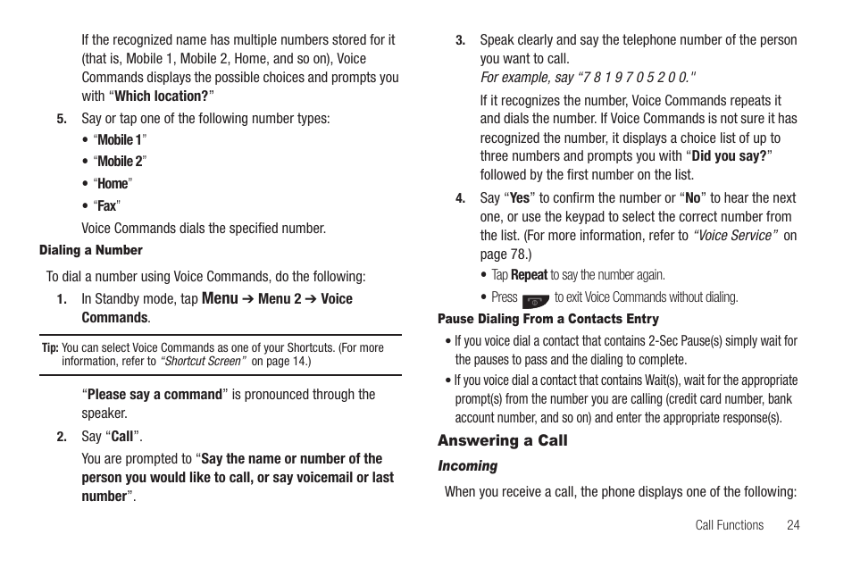 Dialing a number, Pause dialing from a contacts entry, Answering a call | Incoming | Samsung SCH-R630LBAUSC User Manual | Page 27 / 139