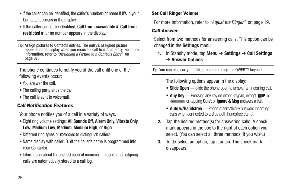 Call notification features, Set call ringer volume, Call answer | Samsung SCH-R630LBAUSC User Manual | Page 28 / 139
