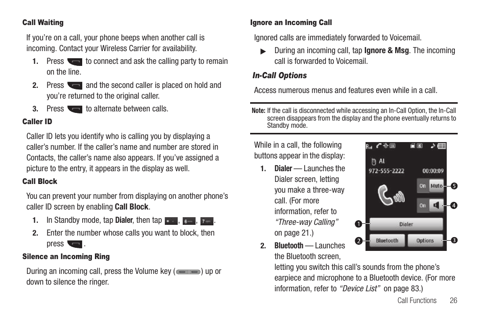 Call waiting, Caller id, Call block | Silence an incoming ring, Ignore an incoming call, In-call options | Samsung SCH-R630LBAUSC User Manual | Page 29 / 139