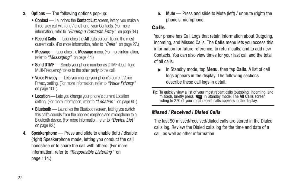 Calls, Missed / received / dialed calls | Samsung SCH-R630LBAUSC User Manual | Page 30 / 139