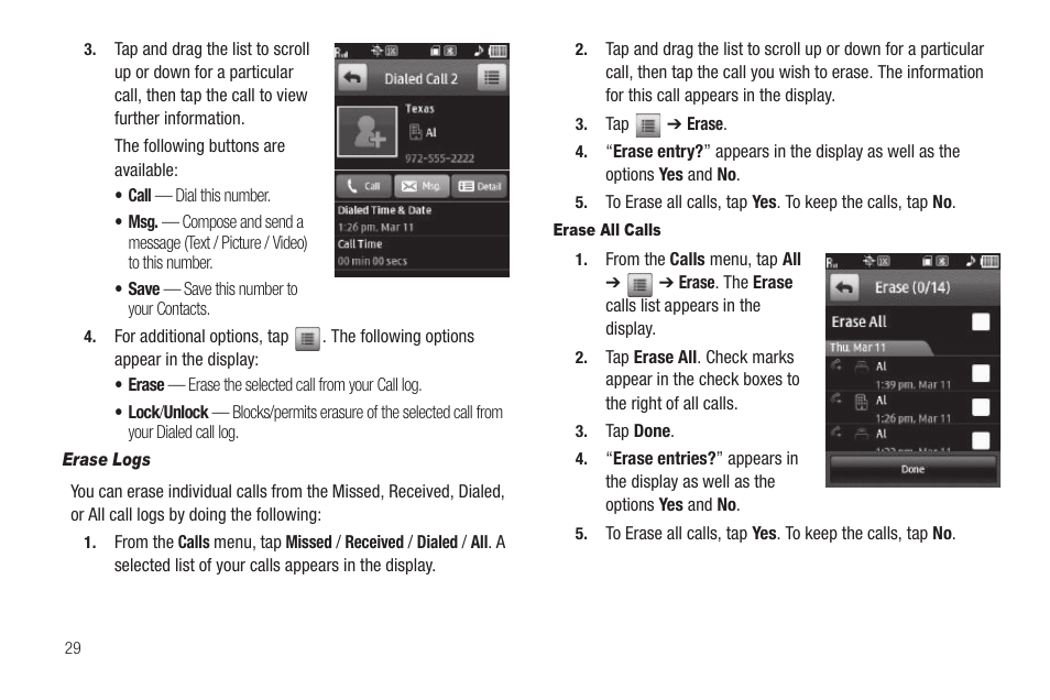 Erase logs, Erase all calls | Samsung SCH-R630LBAUSC User Manual | Page 32 / 139