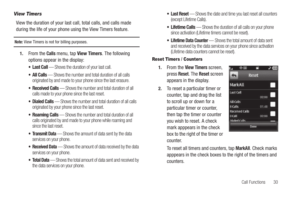 View timers, Reset timers / counters | Samsung SCH-R630LBAUSC User Manual | Page 33 / 139