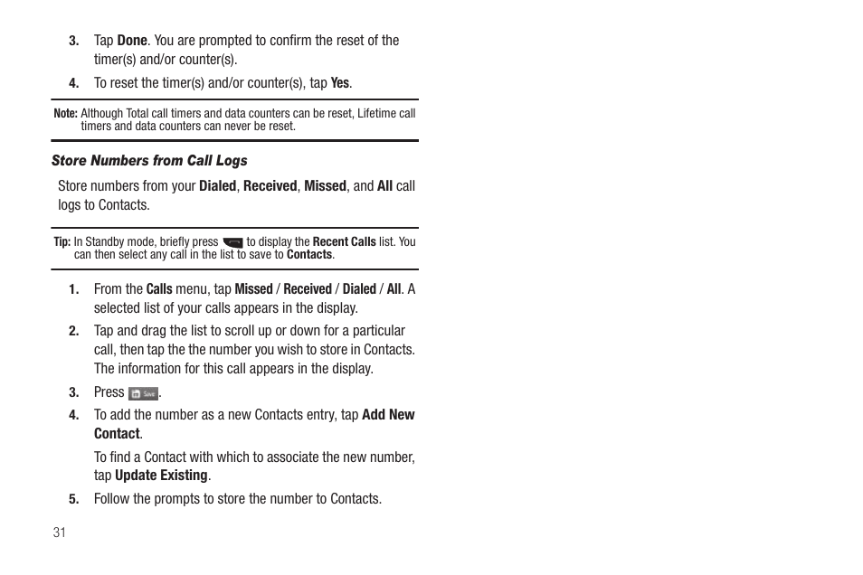 Store numbers from call logs | Samsung SCH-R630LBAUSC User Manual | Page 34 / 139