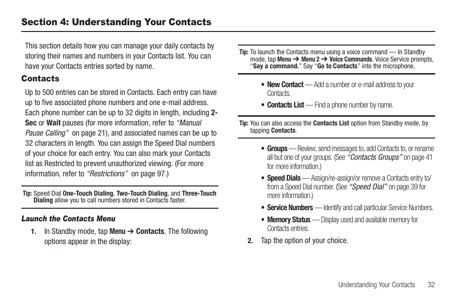 Section 4: understanding your contacts, Contacts, Launch the contacts menu | Samsung SCH-R630LBAUSC User Manual | Page 35 / 139
