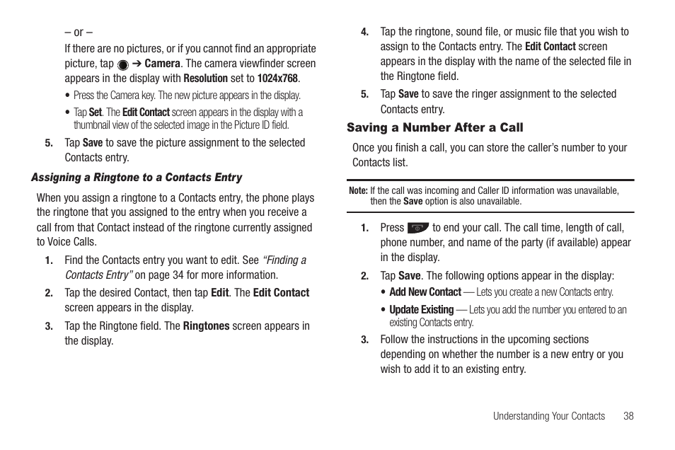 Assigning a ringtone to a contacts entry, Saving a number after a call | Samsung SCH-R630LBAUSC User Manual | Page 41 / 139