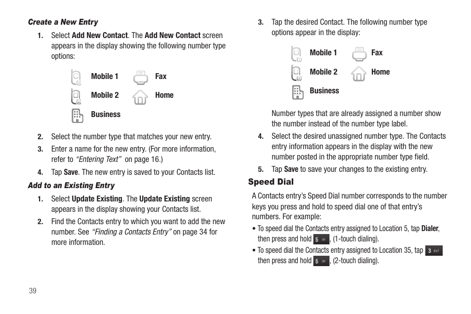 Create a new entry, Add to an existing entry, Speed dial | Samsung SCH-R630LBAUSC User Manual | Page 42 / 139