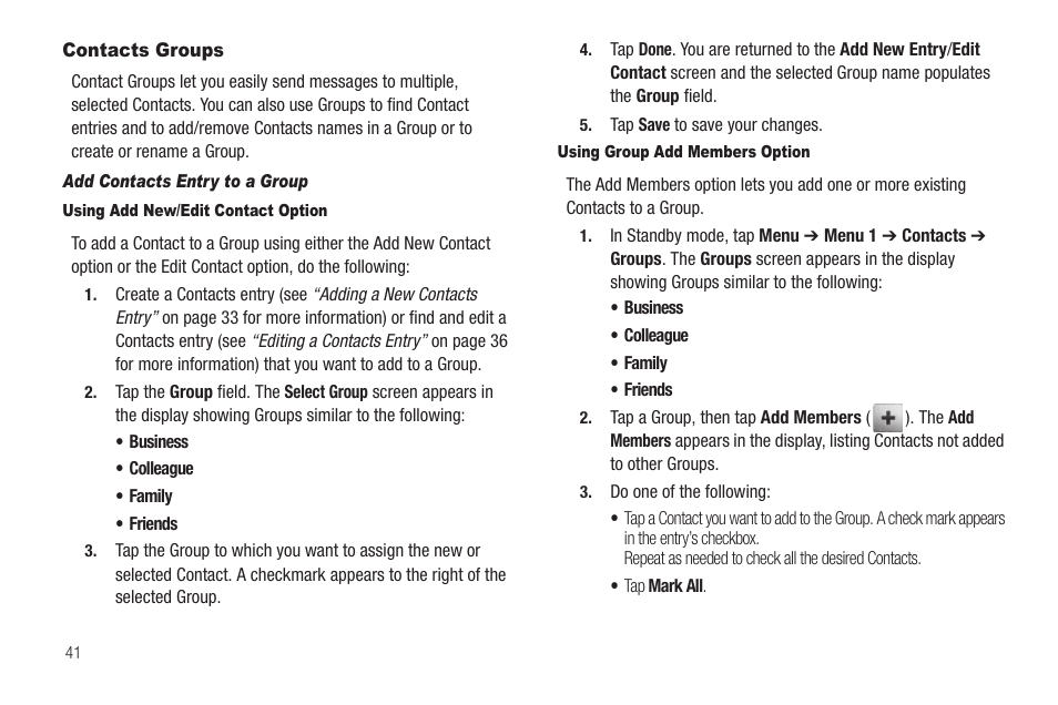 Contacts groups, Add contacts entry to a group, Using add new/edit contact option | Using group add members option | Samsung SCH-R630LBAUSC User Manual | Page 44 / 139