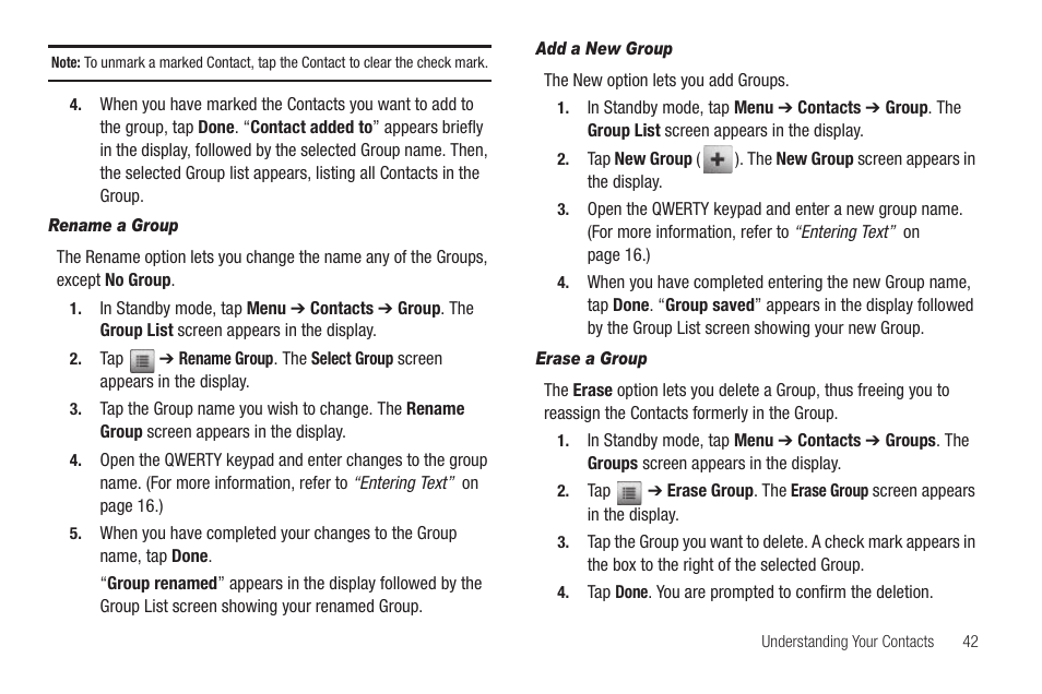 Rename a group, Add a new group, Erase a group | Samsung SCH-R630LBAUSC User Manual | Page 45 / 139