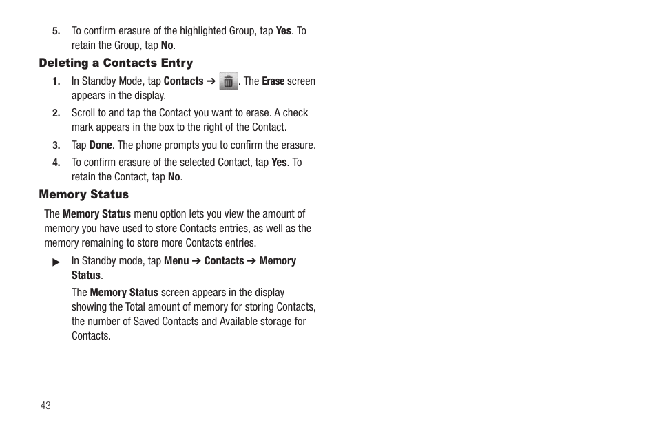 Deleting a contacts entry, Memory status, Deleting a contacts entry memory status | Samsung SCH-R630LBAUSC User Manual | Page 46 / 139