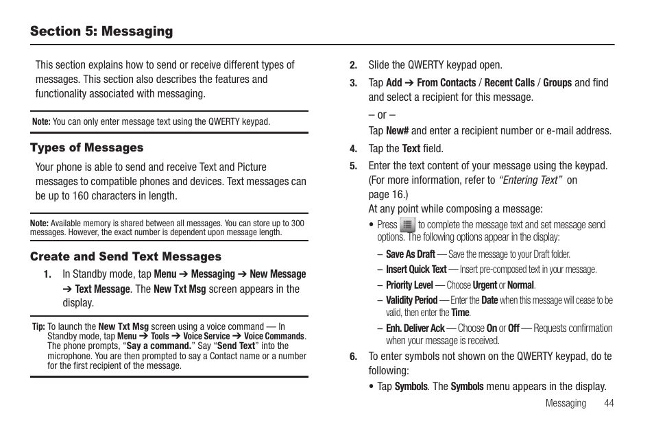 Section 5: messaging, Types of messages, Create and send text messages | Types of messages create and send text messages, For more information | Samsung SCH-R630LBAUSC User Manual | Page 47 / 139