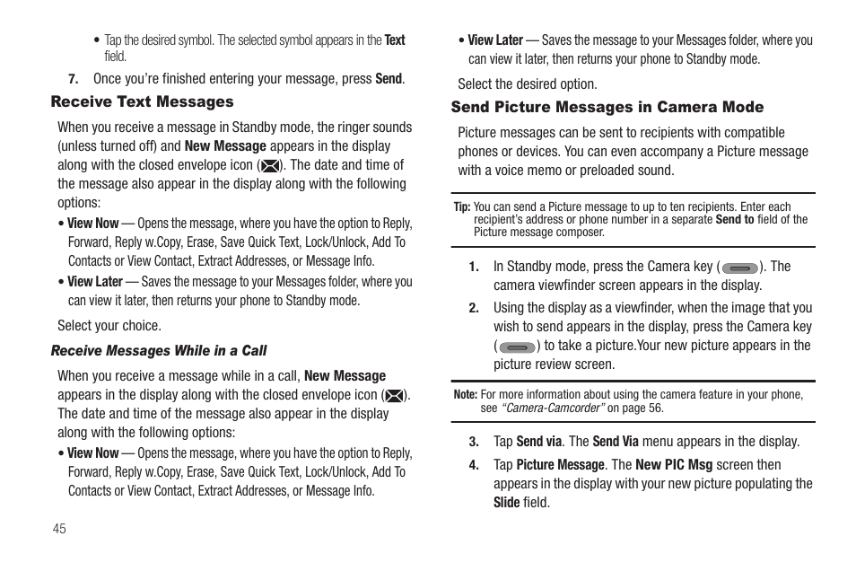 Receive text messages, Receive messages while in a call, Send picture messages in camera mode | Samsung SCH-R630LBAUSC User Manual | Page 48 / 139