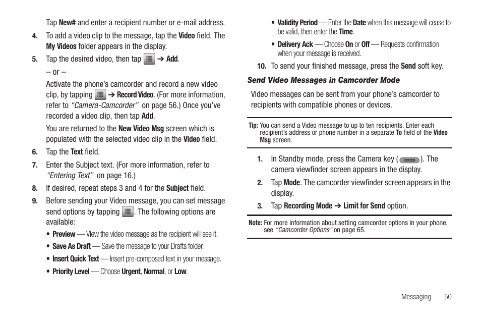 Send video messages in camcorder mode | Samsung SCH-R630LBAUSC User Manual | Page 53 / 139