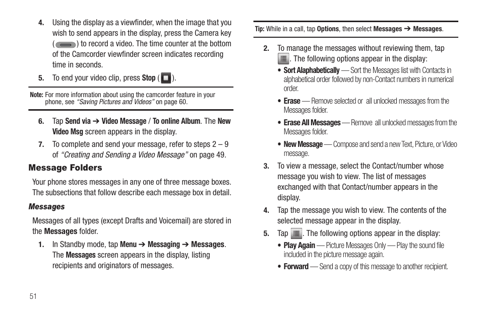 Message folders, Messages | Samsung SCH-R630LBAUSC User Manual | Page 54 / 139