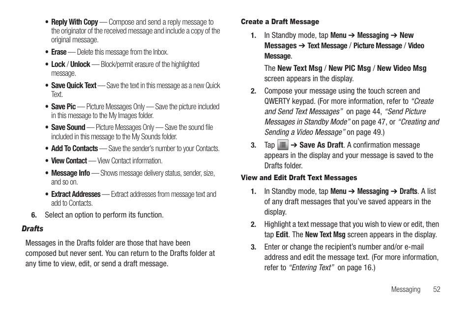 Drafts, Create a draft message, View and edit draft text messages | Samsung SCH-R630LBAUSC User Manual | Page 55 / 139