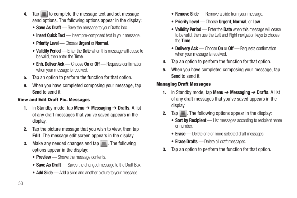 View and edit draft pic. messages, Managing draft messages | Samsung SCH-R630LBAUSC User Manual | Page 56 / 139
