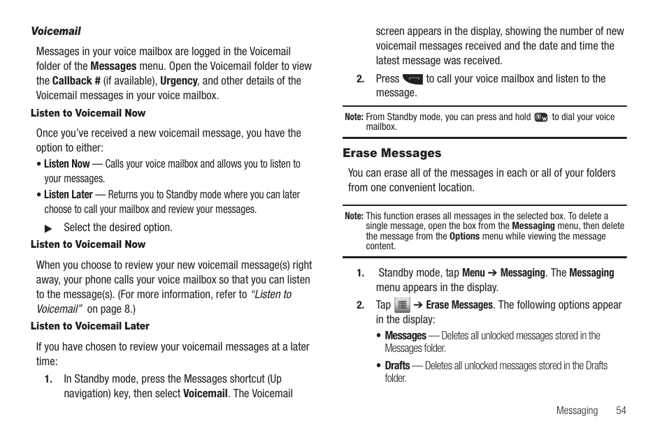 Voicemail, Listen to voicemail now, Listen to voicemail later | Erase messages | Samsung SCH-R630LBAUSC User Manual | Page 57 / 139