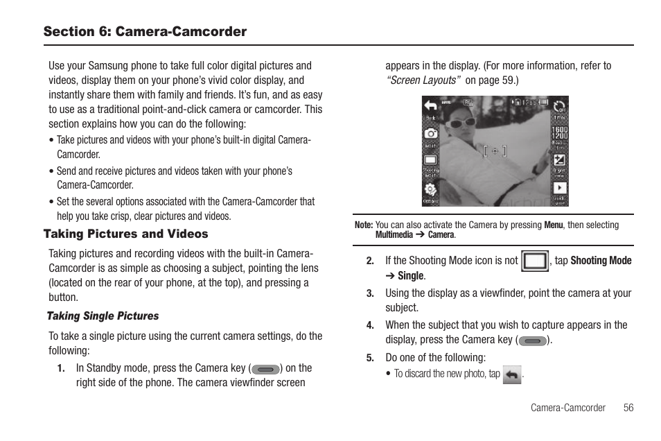Section 6: camera-camcorder, Taking pictures and videos, Taking single pictures | For more information | Samsung SCH-R630LBAUSC User Manual | Page 59 / 139