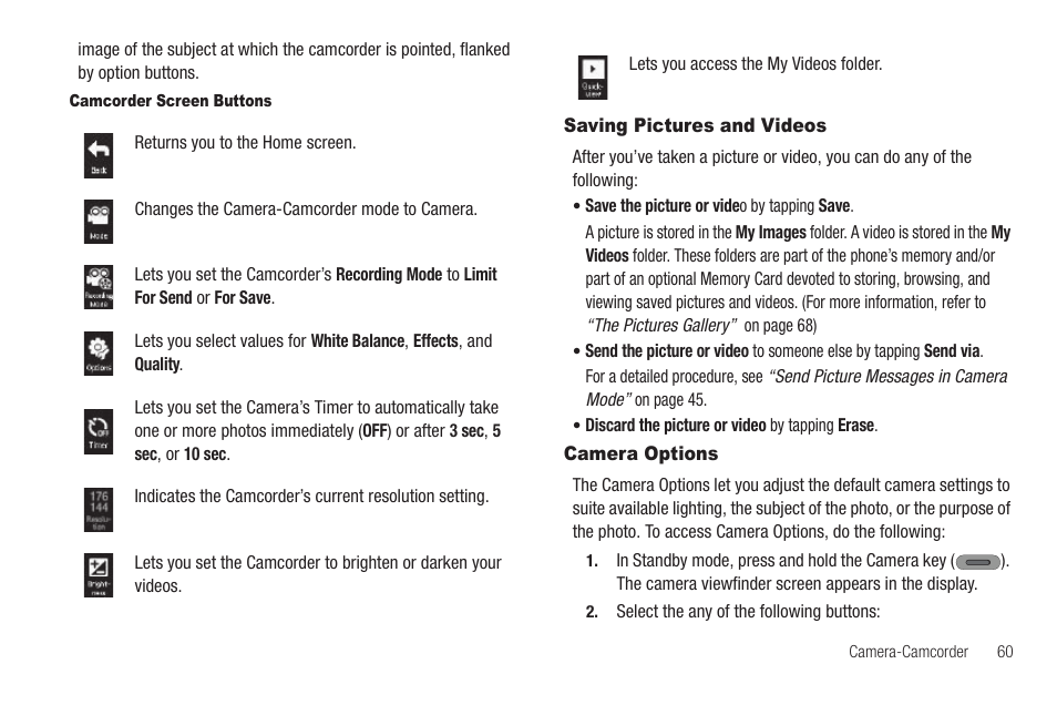 Camcorder screen buttons, Saving pictures and videos, Camera options | Saving pictures and videos camera options | Samsung SCH-R630LBAUSC User Manual | Page 63 / 139