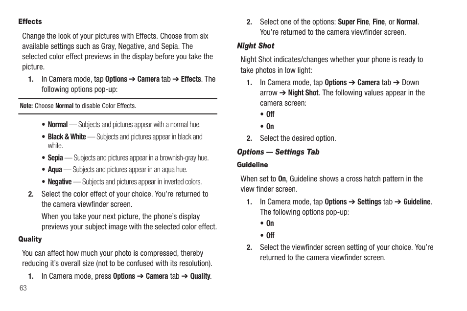 Effects, Quality, Night shot | Options — settings tab, Guideline | Samsung SCH-R630LBAUSC User Manual | Page 66 / 139