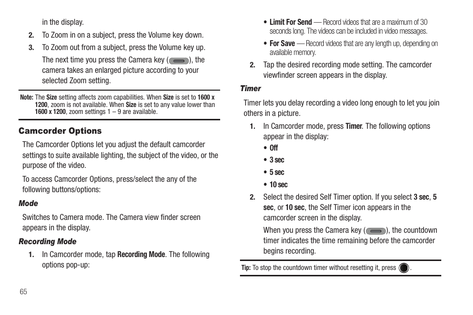 Camcorder options, Mode, Recording mode | Timer | Samsung SCH-R630LBAUSC User Manual | Page 68 / 139