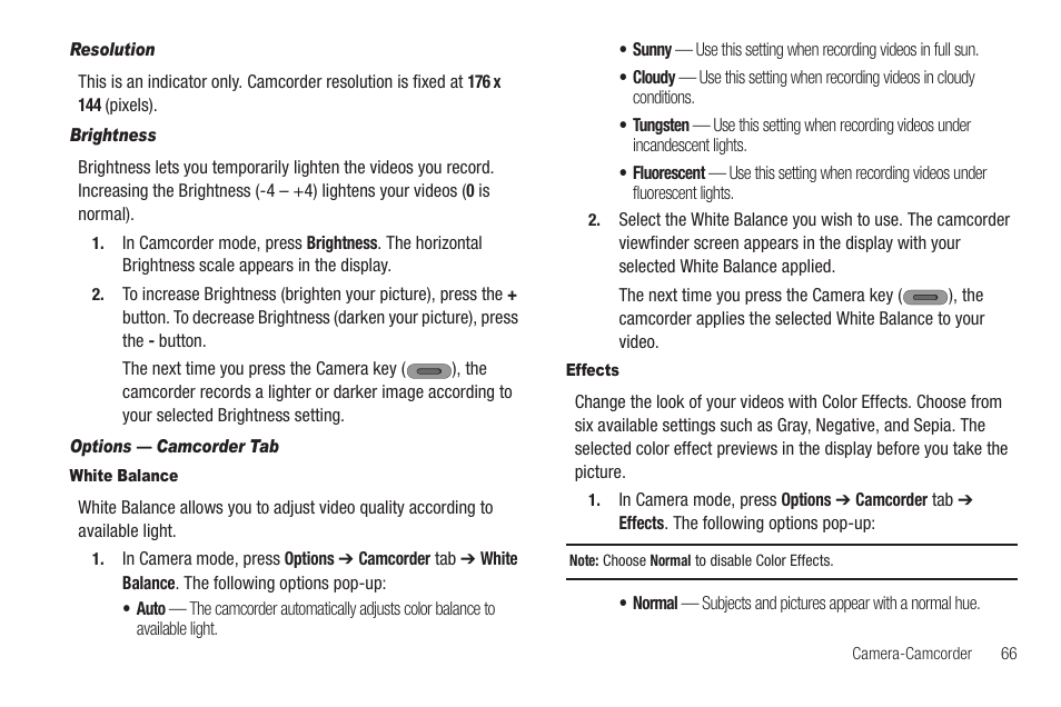Resolution, Brightness, Options — camcorder tab | White balance, Effects | Samsung SCH-R630LBAUSC User Manual | Page 69 / 139