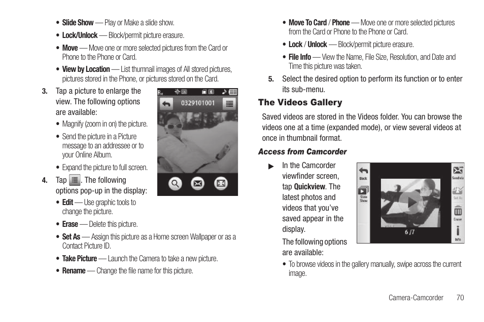The videos gallery, Access from camcorder | Samsung SCH-R630LBAUSC User Manual | Page 73 / 139