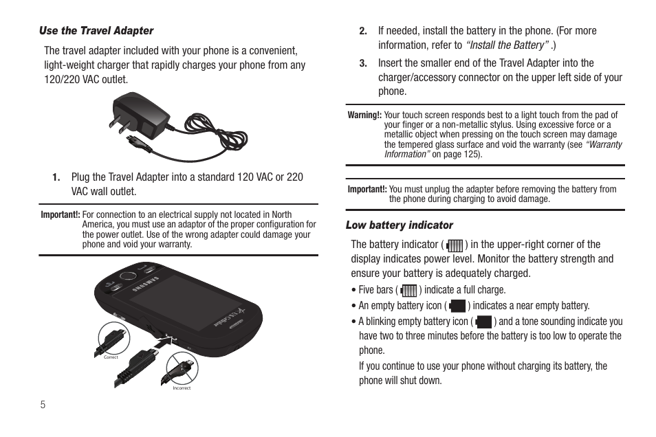 Use the travel adapter, Low battery indicator | Samsung SCH-R630LBAUSC User Manual | Page 8 / 139
