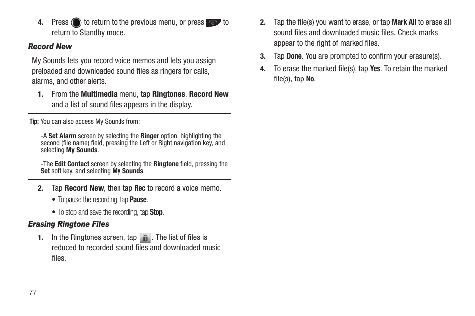 Record new, Erasing ringtone files | Samsung SCH-R630LBAUSC User Manual | Page 80 / 139
