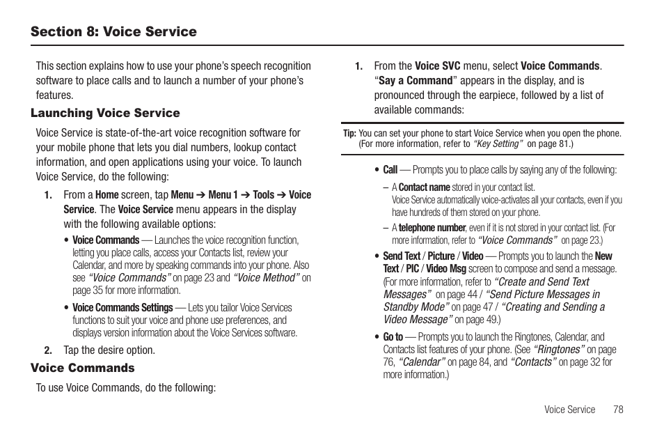 Section 8: voice service, Launching voice service, Voice commands | Launching voice service voice commands | Samsung SCH-R630LBAUSC User Manual | Page 81 / 139