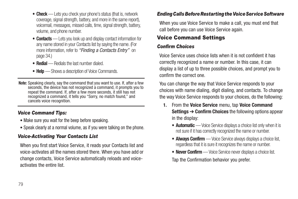 Voice command tips, Voice-activating your contacts list, Voice command settings | Confirm choices | Samsung SCH-R630LBAUSC User Manual | Page 82 / 139
