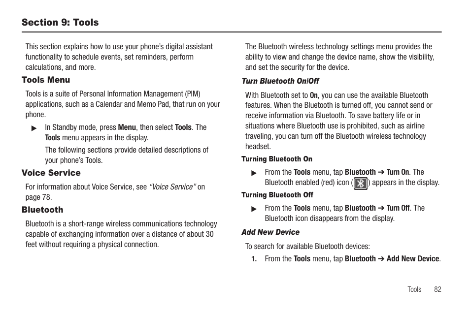 Section 9: tools, Tools menu, Voice service | Bluetooth, Turn bluetooth on/off, Turning bluetooth on, Turning bluetooth off, Add new device, Tools menu voice service bluetooth | Samsung SCH-R630LBAUSC User Manual | Page 85 / 139