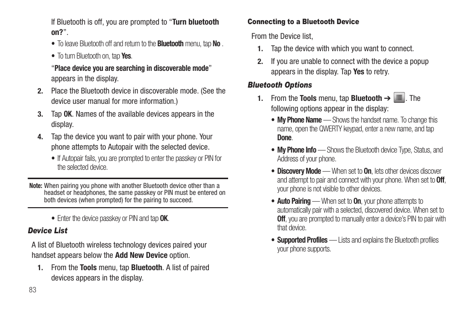Device list, Connecting to a bluetooth device, Bluetooth options | Samsung SCH-R630LBAUSC User Manual | Page 86 / 139