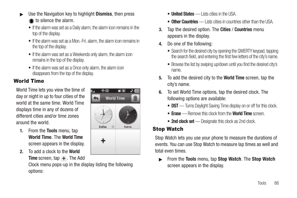 World time, Stop watch, World time stop watch | Samsung SCH-R630LBAUSC User Manual | Page 89 / 139