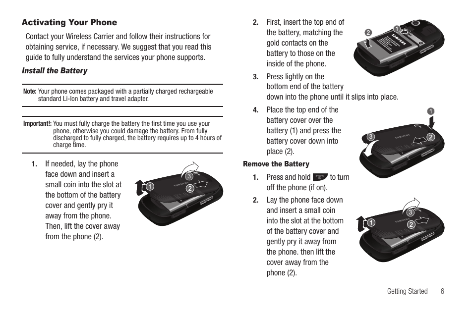 Activating your phone, Install the battery, Remove the battery | Samsung SCH-R630LBAUSC User Manual | Page 9 / 139