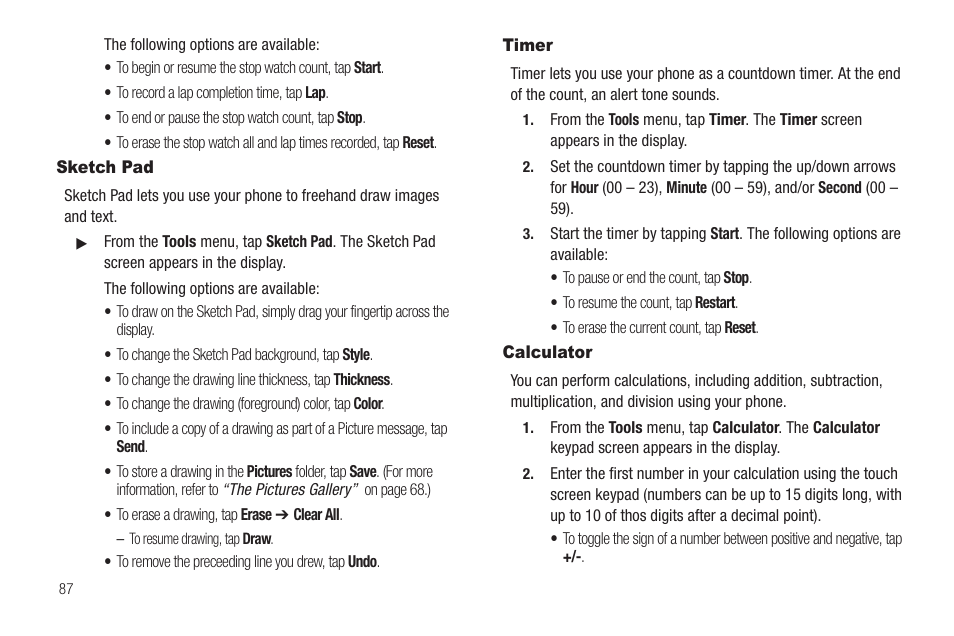 Sketch pad, Timer, Calculator | Sketch pad timer calculator | Samsung SCH-R630LBAUSC User Manual | Page 90 / 139