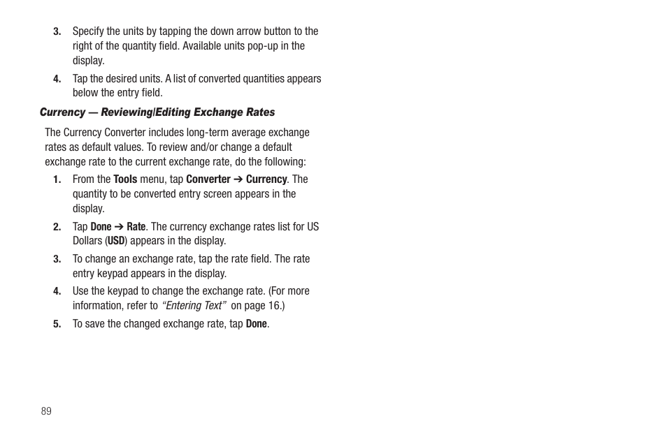 Currency — reviewing/editing exchange rates | Samsung SCH-R630LBAUSC User Manual | Page 92 / 139