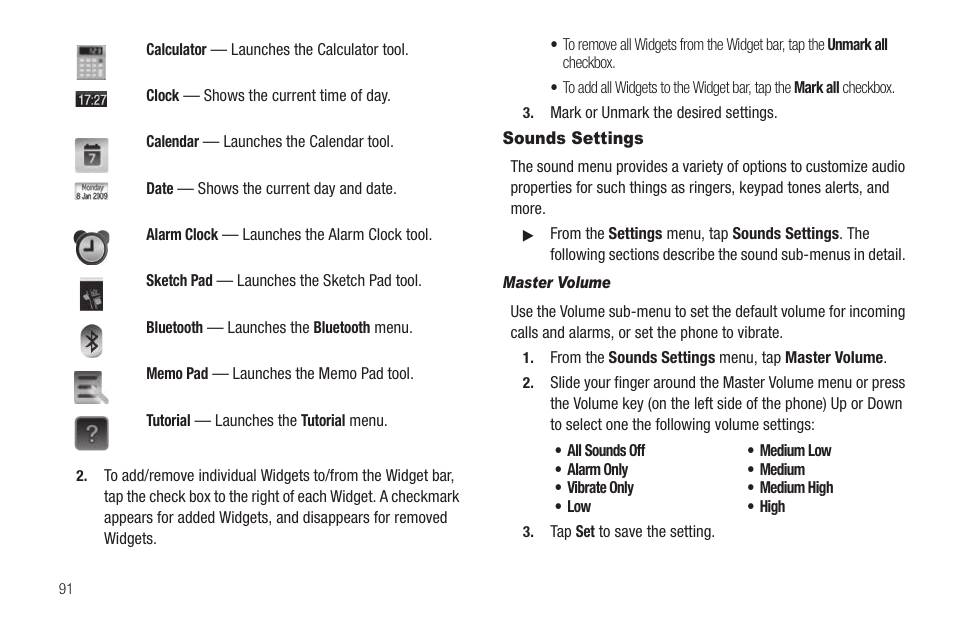 Sounds settings, Master volume | Samsung SCH-R630LBAUSC User Manual | Page 94 / 139