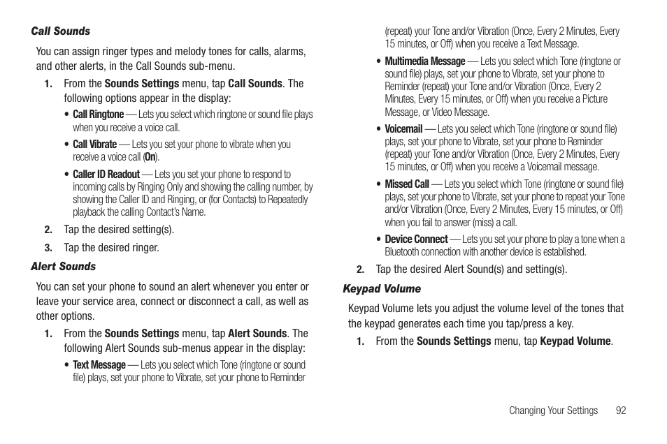 Call sounds, Alert sounds, Keypad volume | Samsung SCH-R630LBAUSC User Manual | Page 95 / 139