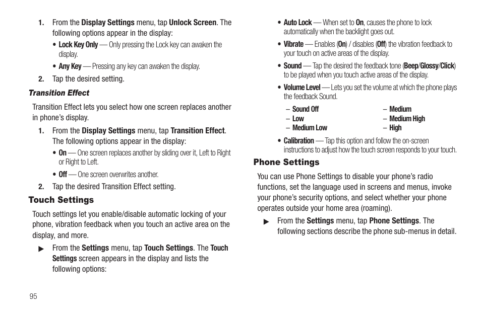 Transition effect, Touch settings, Phone settings | Touch settings phone settings | Samsung SCH-R630LBAUSC User Manual | Page 98 / 139