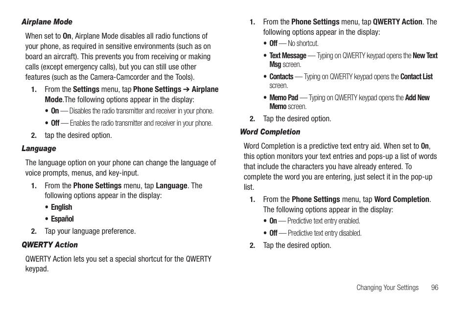 Airplane mode, Language, Qwerty action | Word completion, Tion. (for more | Samsung SCH-R630LBAUSC User Manual | Page 99 / 139