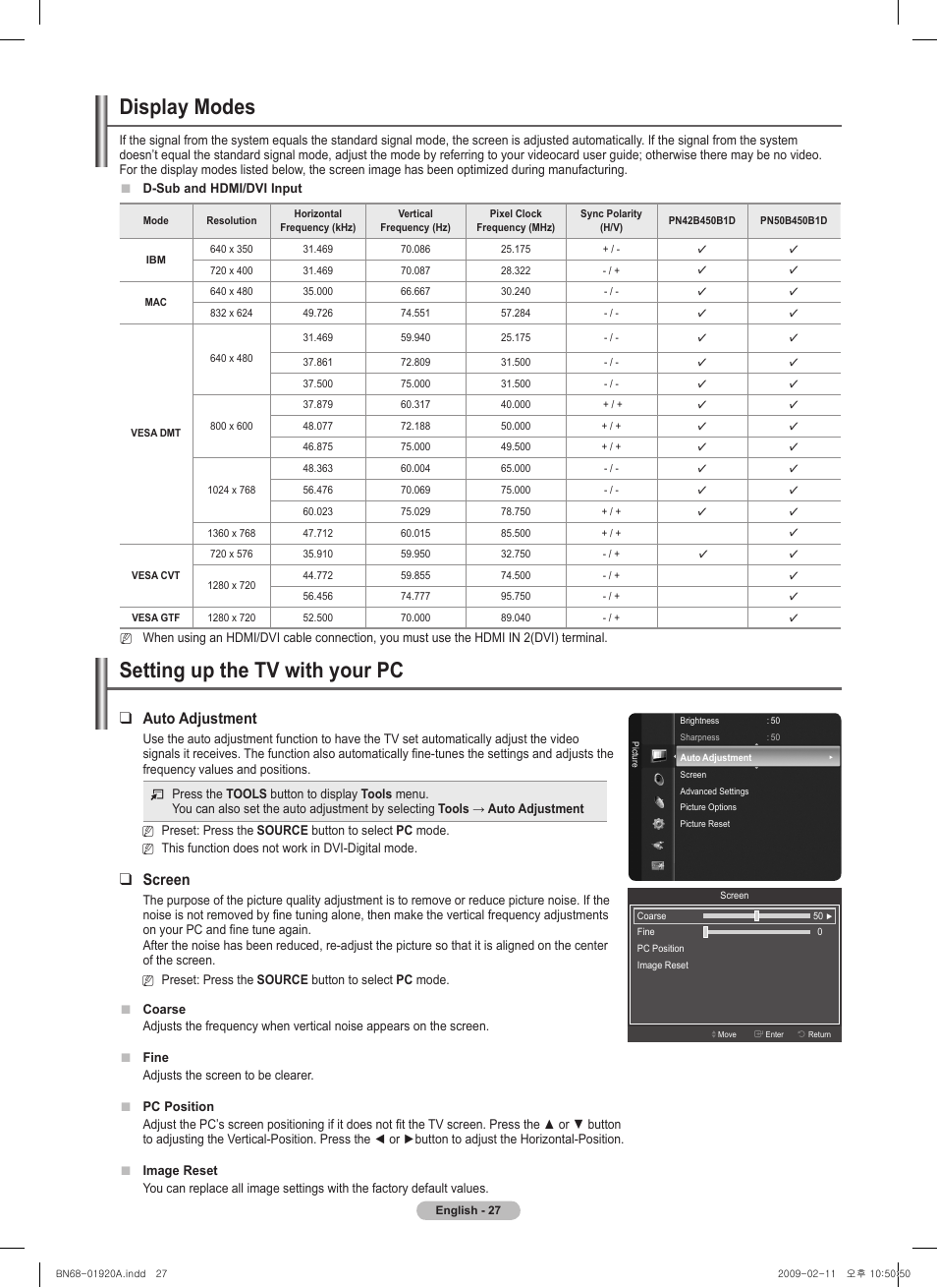 Setting up the tv with your pc, Display modes, Auto adjustment | Screen | Samsung PN42B450B1DXZA User Manual | Page 27 / 91