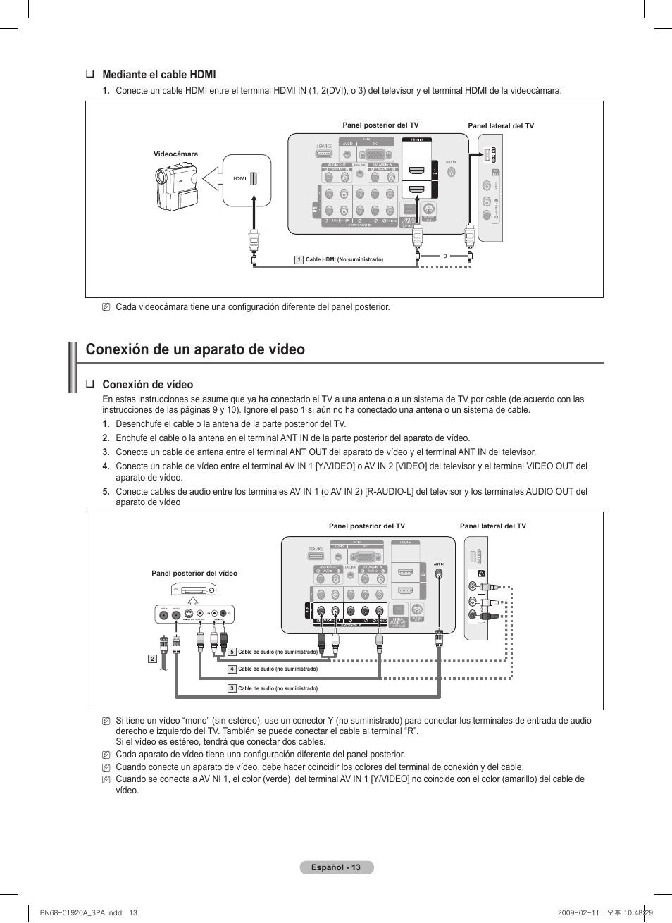 Conexión de un aparato de vídeo, Mediante el cable hdmi, Conexión de vídeo | Samsung PN42B450B1DXZA User Manual | Page 58 / 91