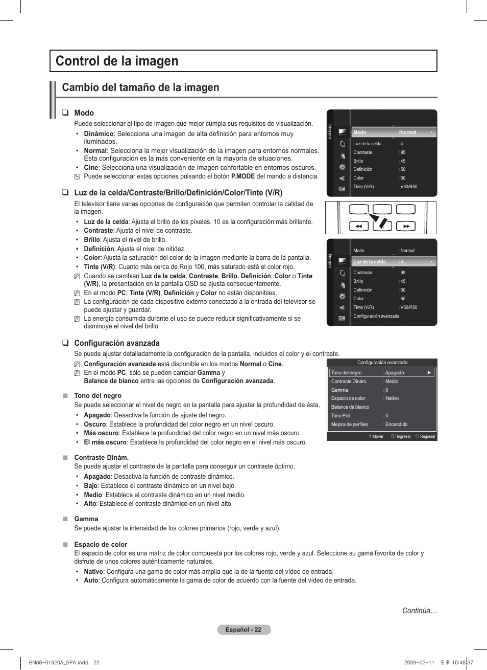 Control de la imagen, Cambio del tamaño de la imagen, Modo | Configuración avanzada | Samsung PN42B450B1DXZA User Manual | Page 67 / 91