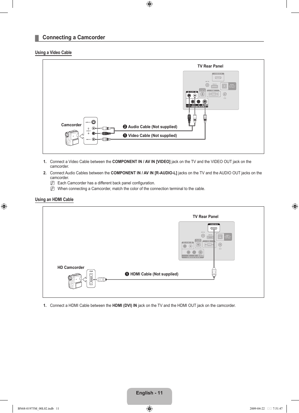 Connecting a camcorder | Samsung LN22B350F2DXZA User Manual | Page 13 / 69