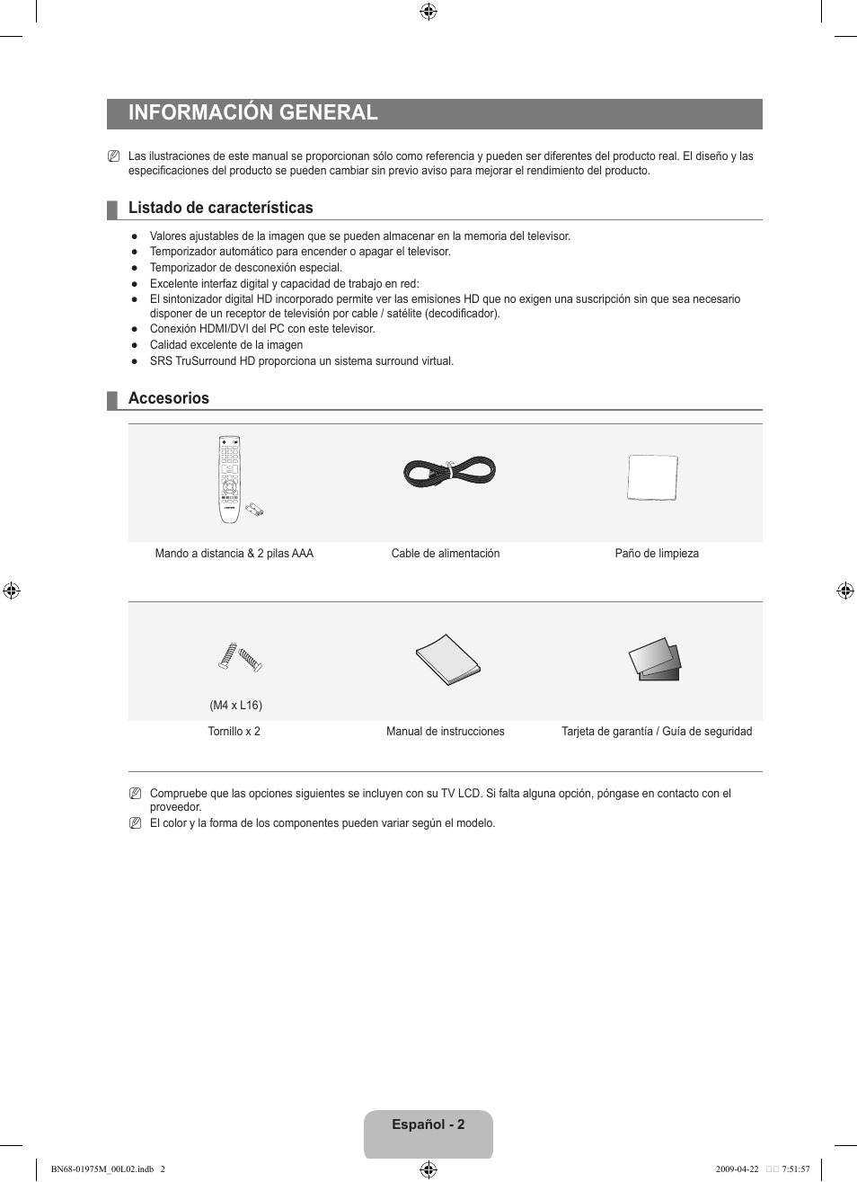 Información general, Listado de características, Accesorios | Samsung LN22B350F2DXZA User Manual | Page 38 / 69